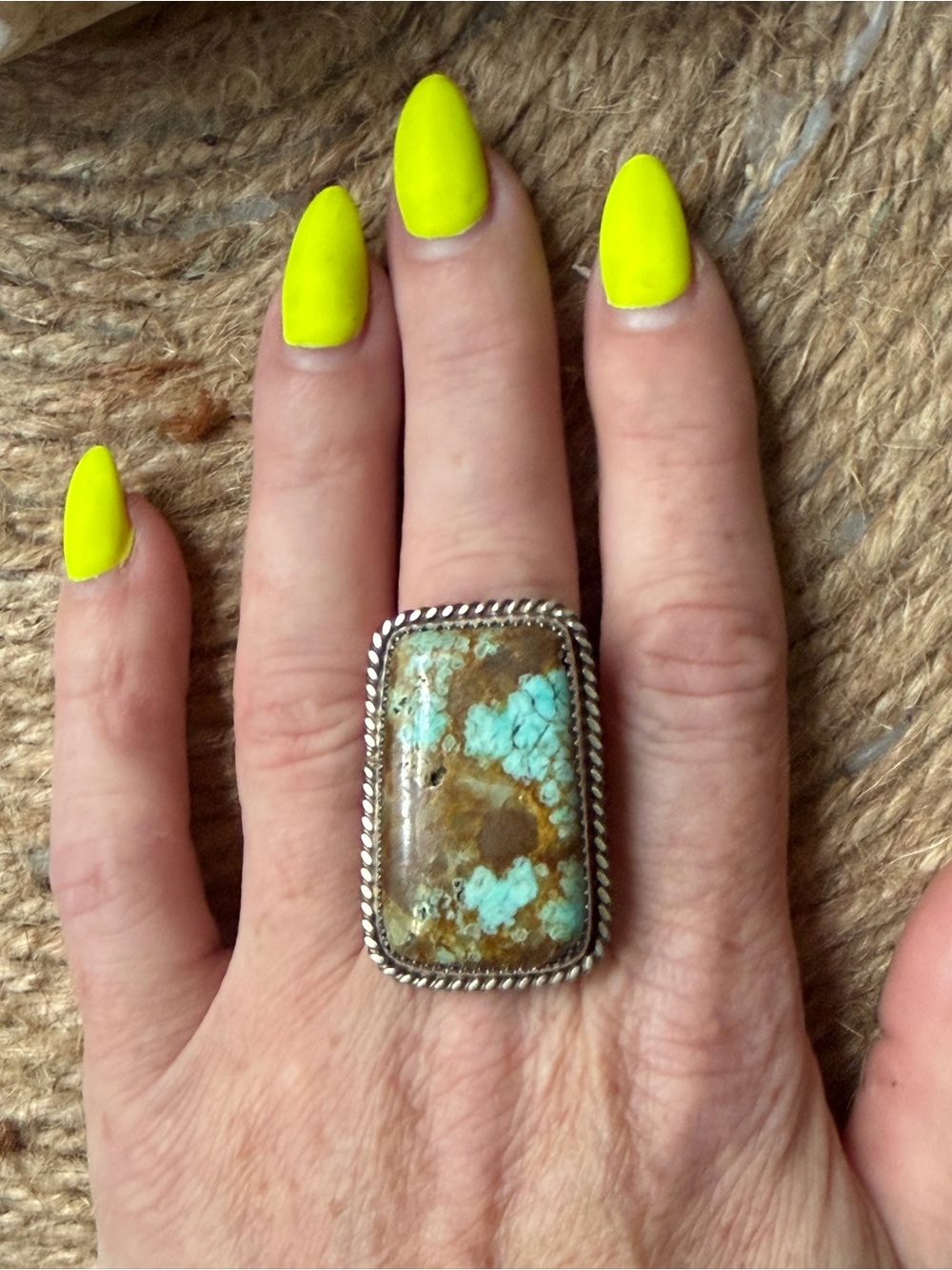 Leslie Nez Navajo Number Eight Turquoise, Rectangular Statement Ring - Picture 6 of 11